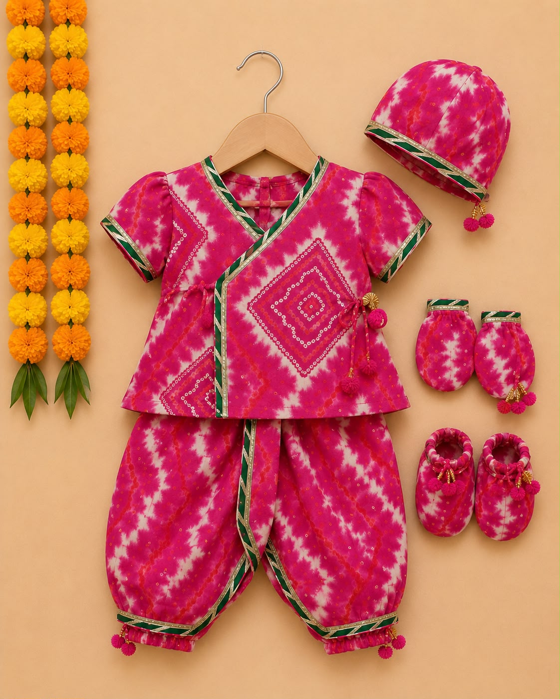 Baby Lehariya Jamna Set -Rani Pink
