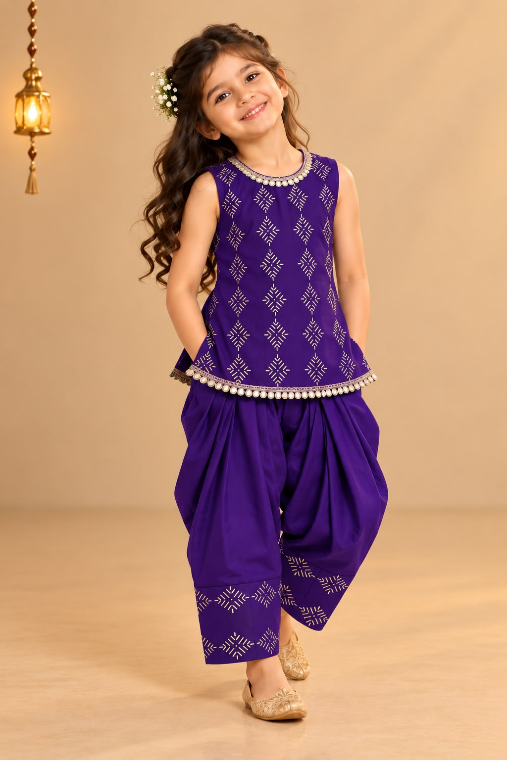 Girl Sitaara Kurta Farshi Pant Set- Purple