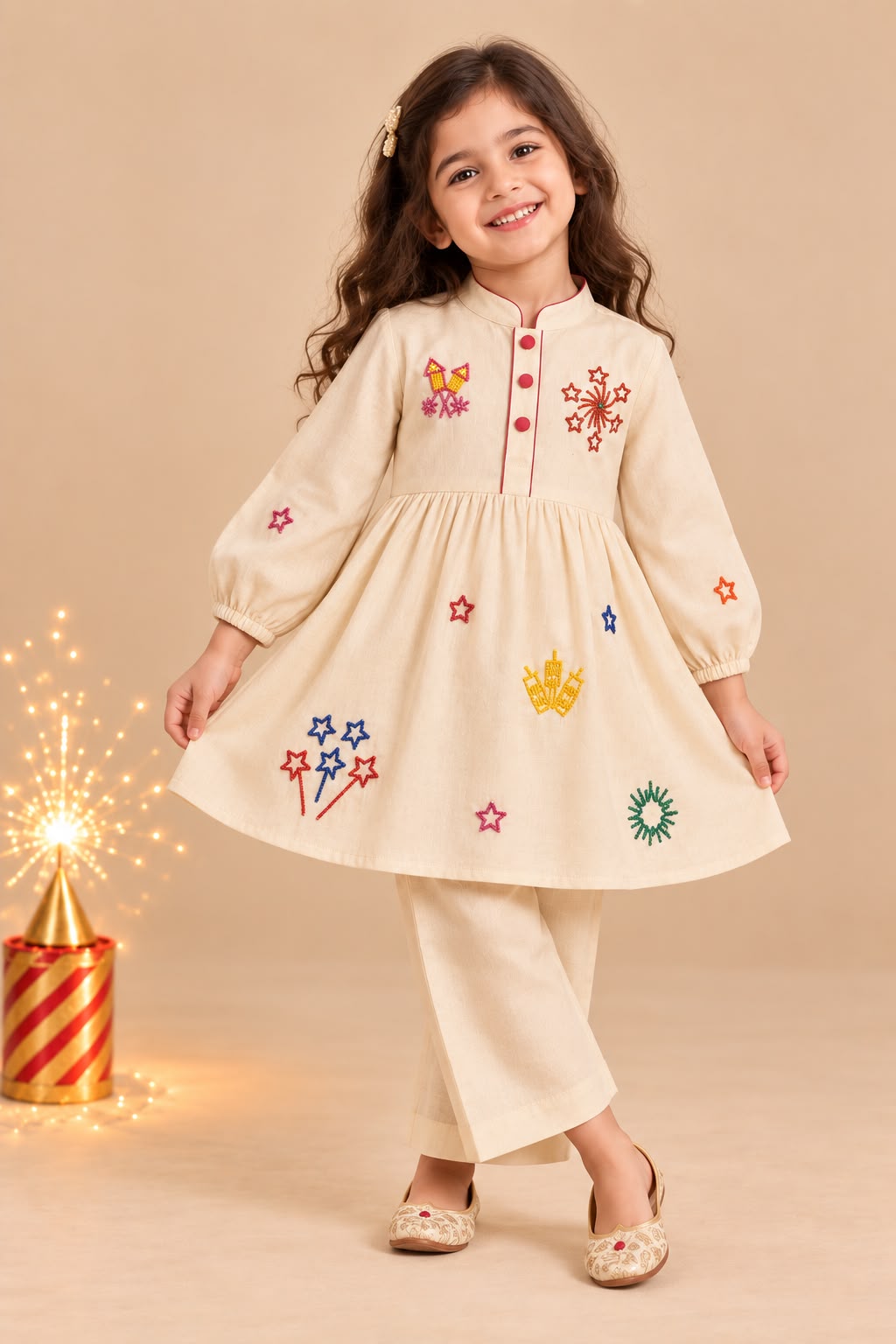 Girl Pataka Kurta Pant Set -Beige