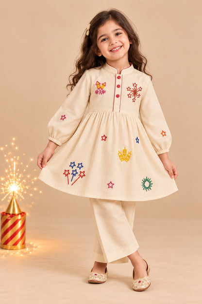 Girl Pataka Kurta Pant Set -Beige