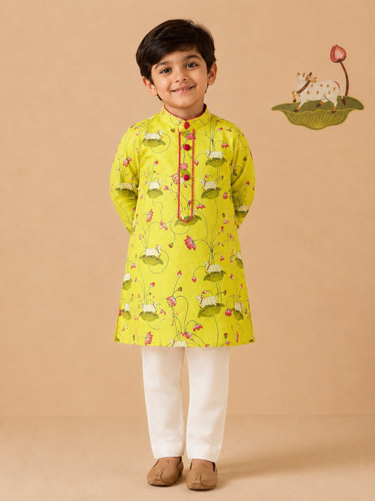 Pichwai Kurta Set - Lemon Yellow