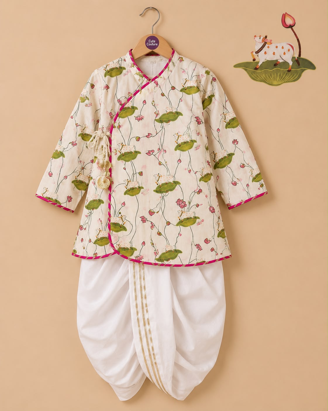 Pichwai Angarkha Kurta Dhoti Set - White