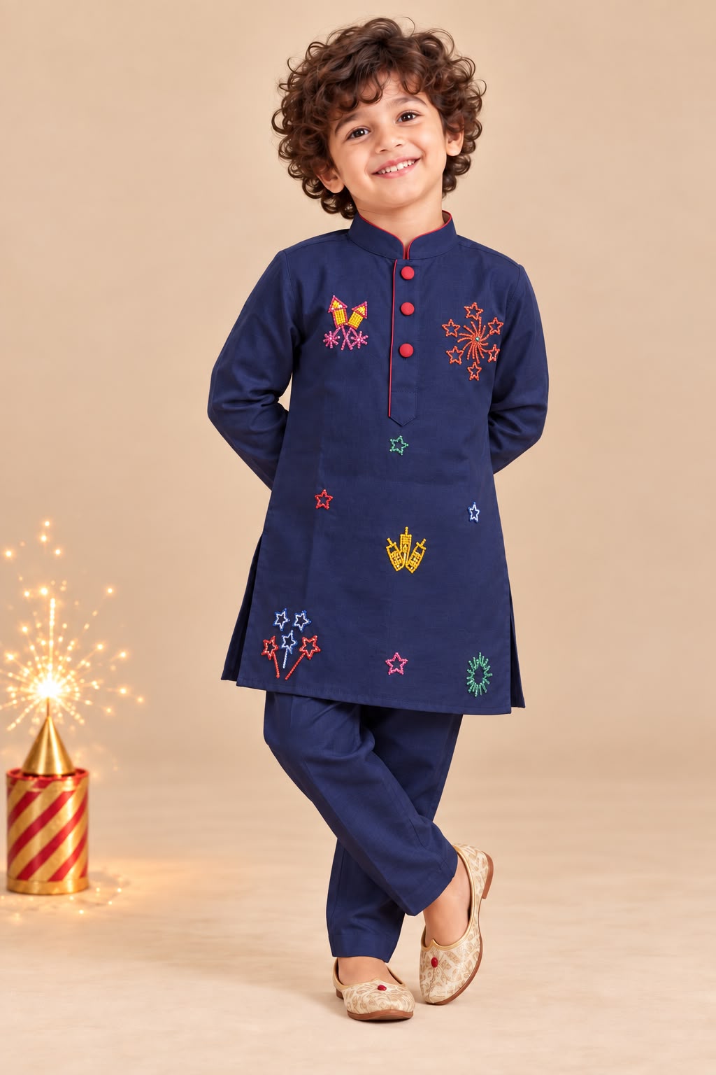 Boy Pataka Kurta Set-Navy Blue