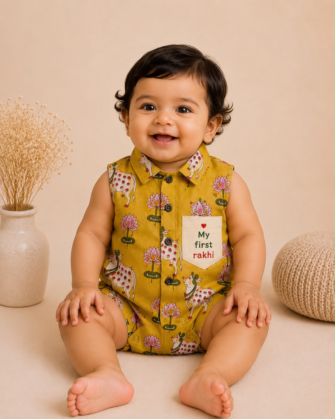 Baby My First Rakhi Romper -Mustard Yellow