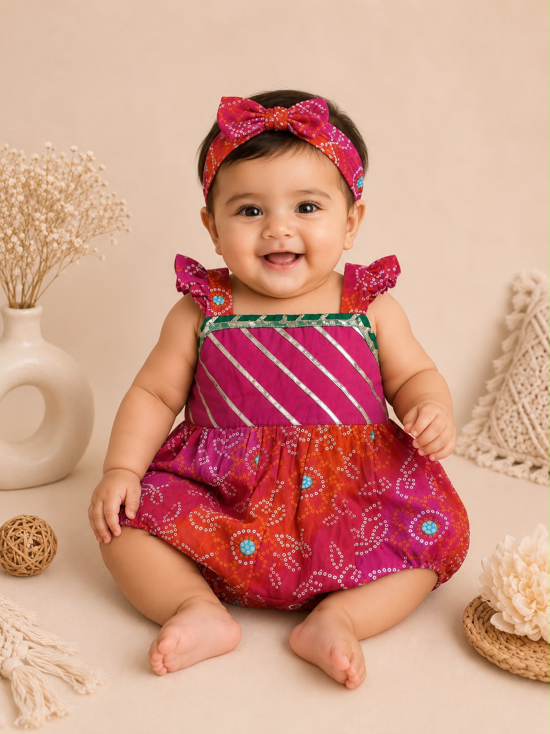 Baby Rajkumari Bandhani Romper - Pinkish Red
