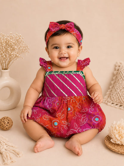 Baby Rajkumari Bandhani Romper - Pinkish Red