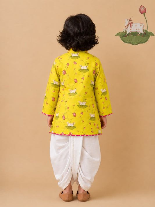 Pichwai Angarkha Kurta Dhoti Set -Lemon Yellow