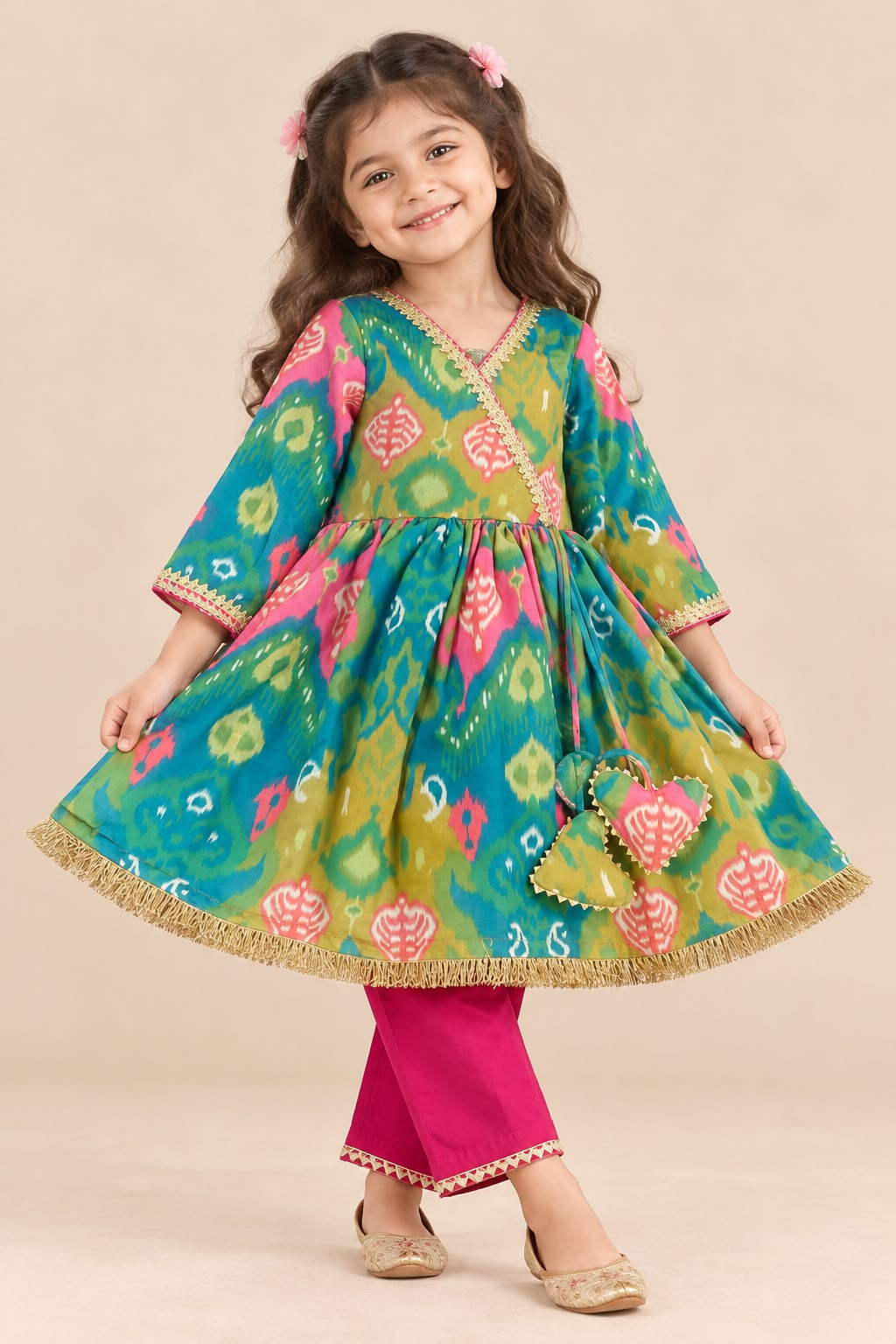 Girl Mithaas Angarkha Kurta Pant Set -Green