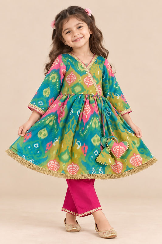 Girl Mithaas Angarkha Kurta Pant Set -Green