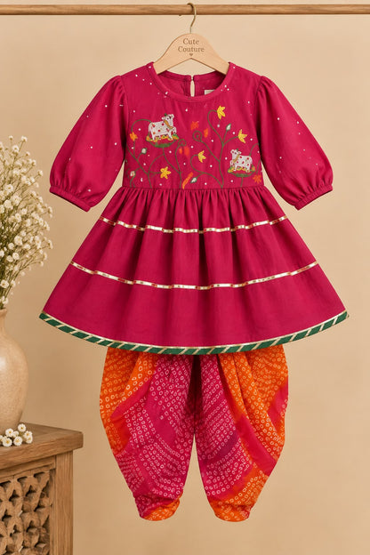 Girl Raas Rang Rani Peplum Kurta Dhoti Set- Rani and Mustard