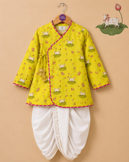 Pichwai Angarkha Kurta Dhoti Set -Lemon Yellow