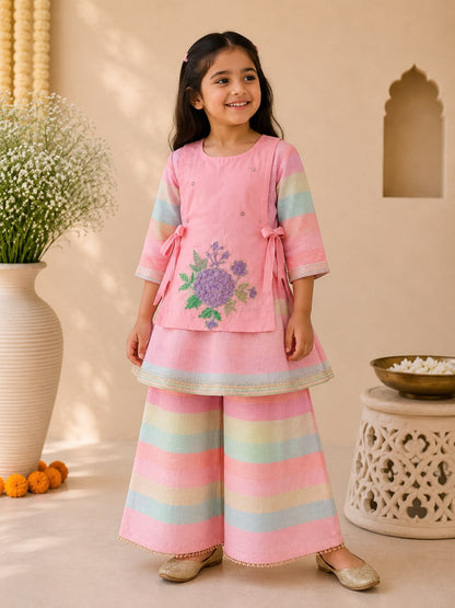 Girl Gulbahar Kurta Pallazo Set - Pink