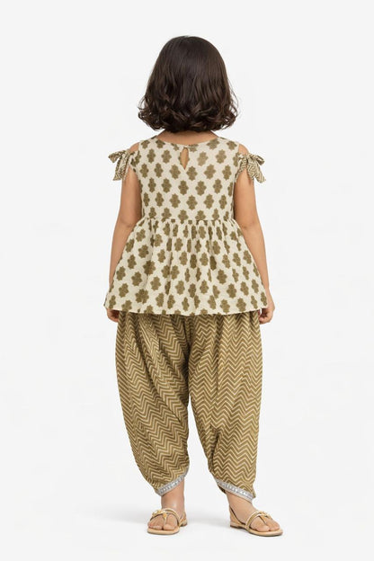 Girl Print Dhoti Cowl Set - Sap Green