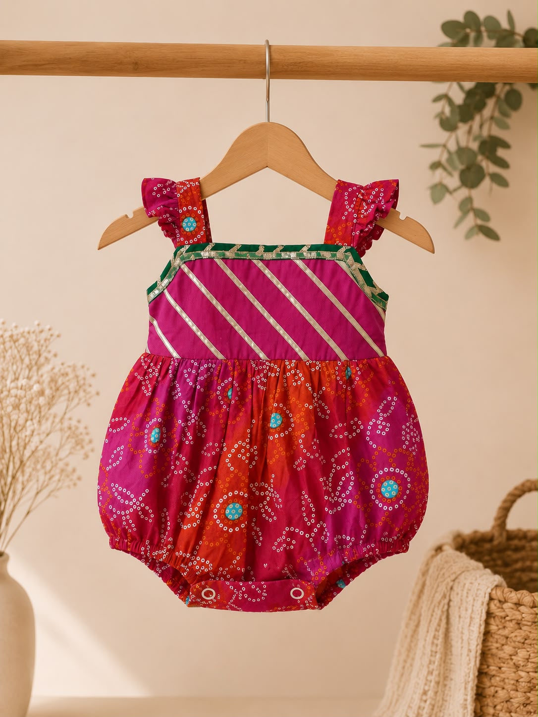 Baby Rajkumari Bandhani Romper - Pinkish Red
