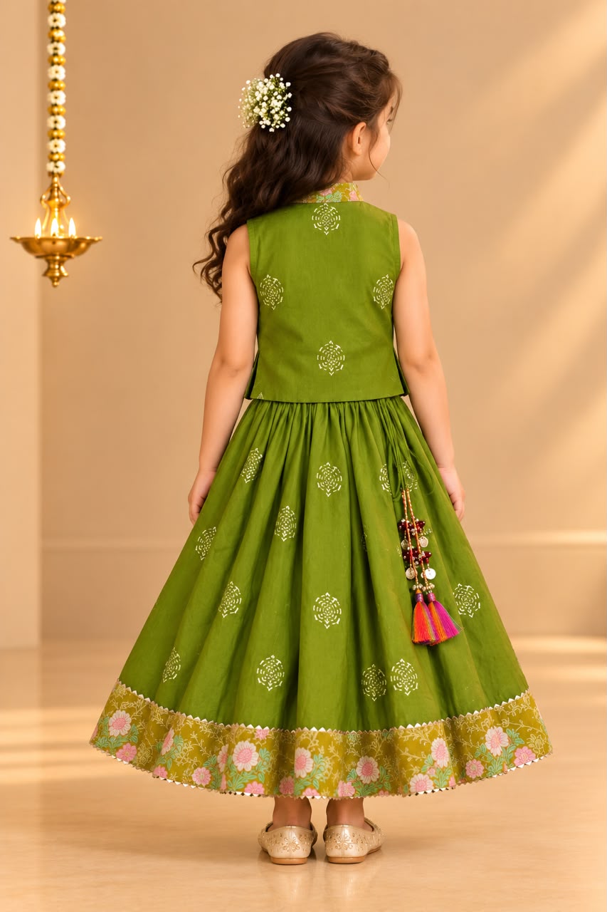 Girl Sitaara Skirt Top Set - Sap Green