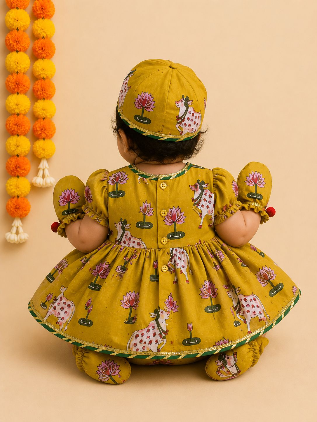 Baby Girl Pichwai Jamna Set - Mustard Yellow