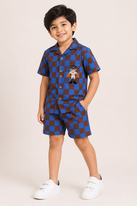 Superhero Check Coord Set - Blue and Brown