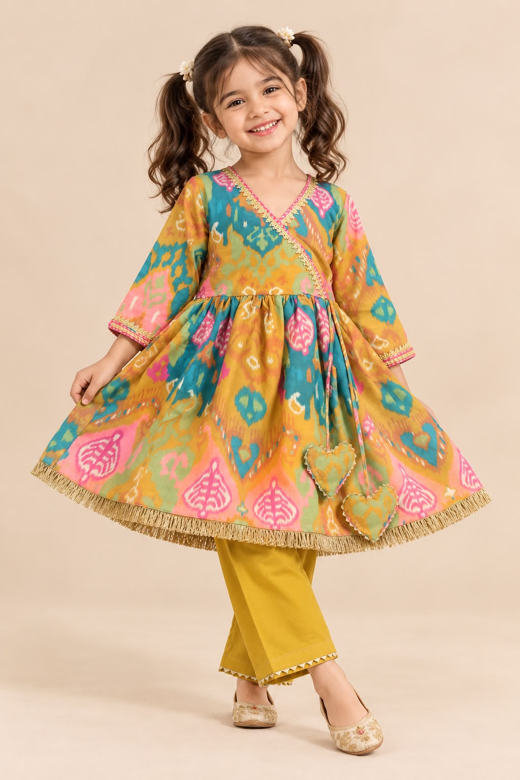 Girl Mithaas Angarkha Kurta Pant Set -Mustard Yellow