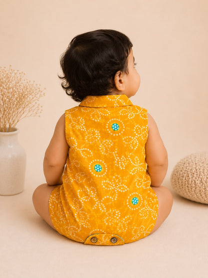 Baby Bandhani Cotton Romper- Yellow