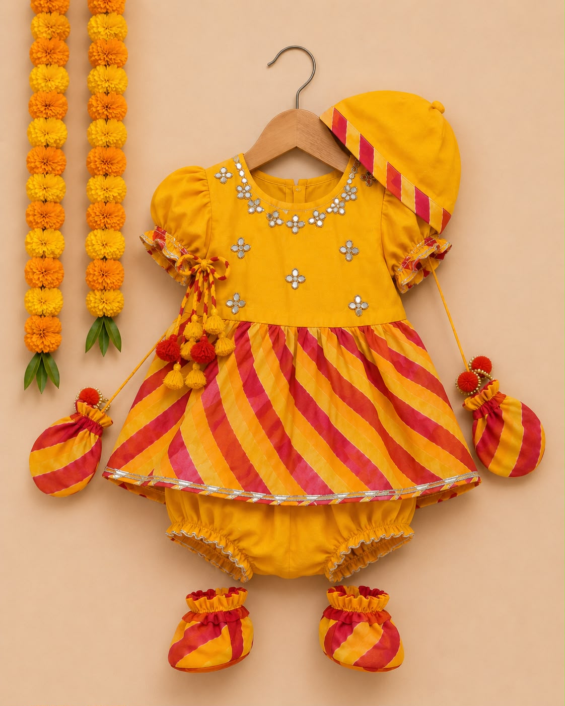 Baby Girl Lehariya Jamna Set - Yellow Red