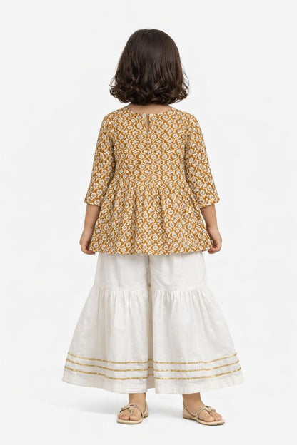 Girl Print Sharara Set -Mustard Yellow
