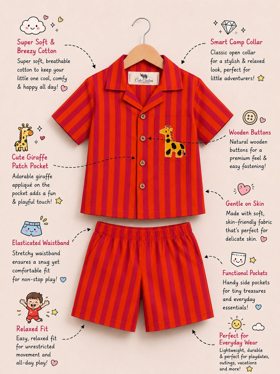 Giraffe Stripes Coord Set - Carrot Red