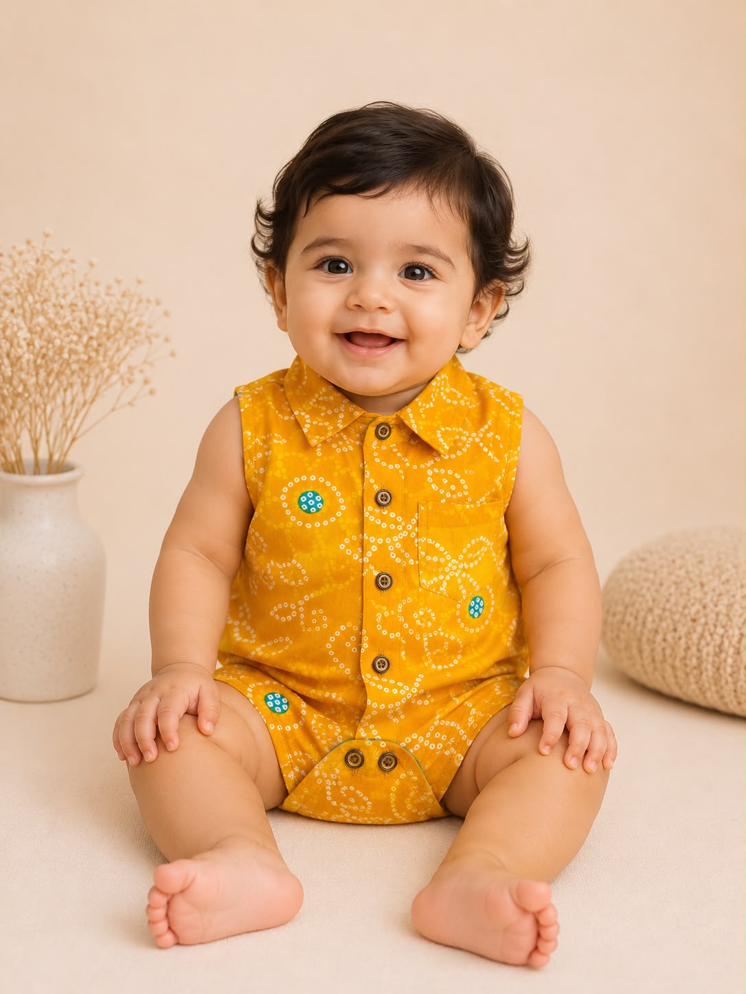 Baby Bandhani Cotton Romper- Yellow