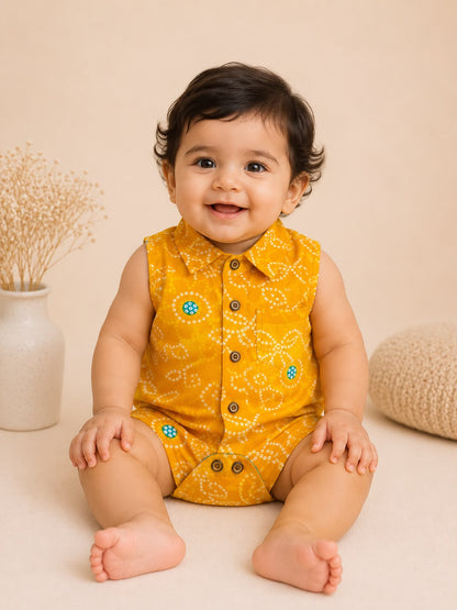 Baby Bandhani Cotton Romper- Yellow