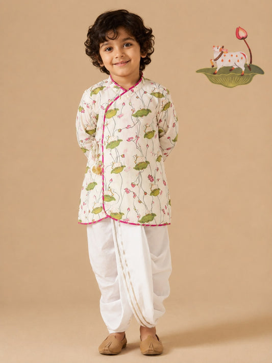 Pichwai Angarkha Kurta Dhoti Set - White
