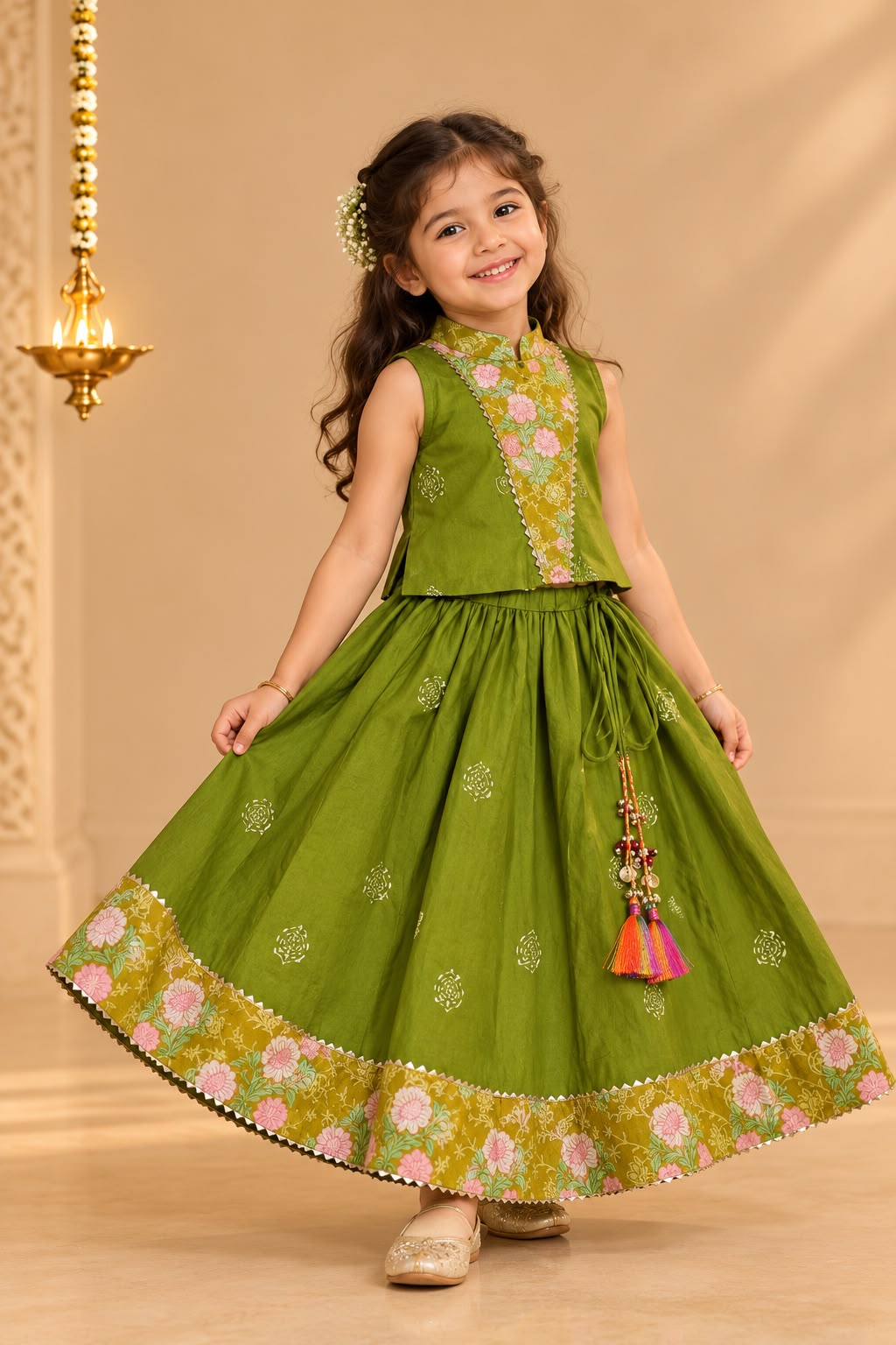 Girl Sitaara Skirt Top Set - Sap Green