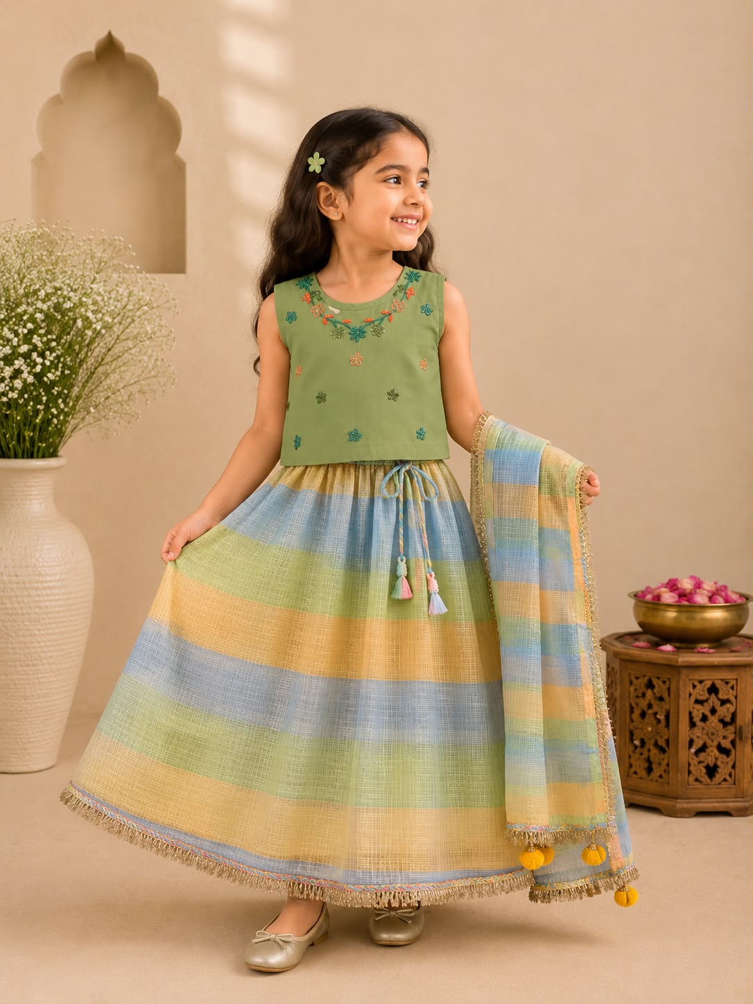 Girl Gulbahar Embroidered Skirt Top Set - Green