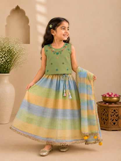 Girl Gulbahar Embroidered Skirt Top Set - Green