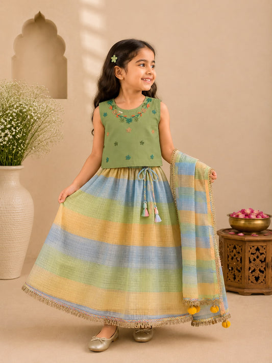 Girl Gulbahar Embroidered Skirt Top Set - Green