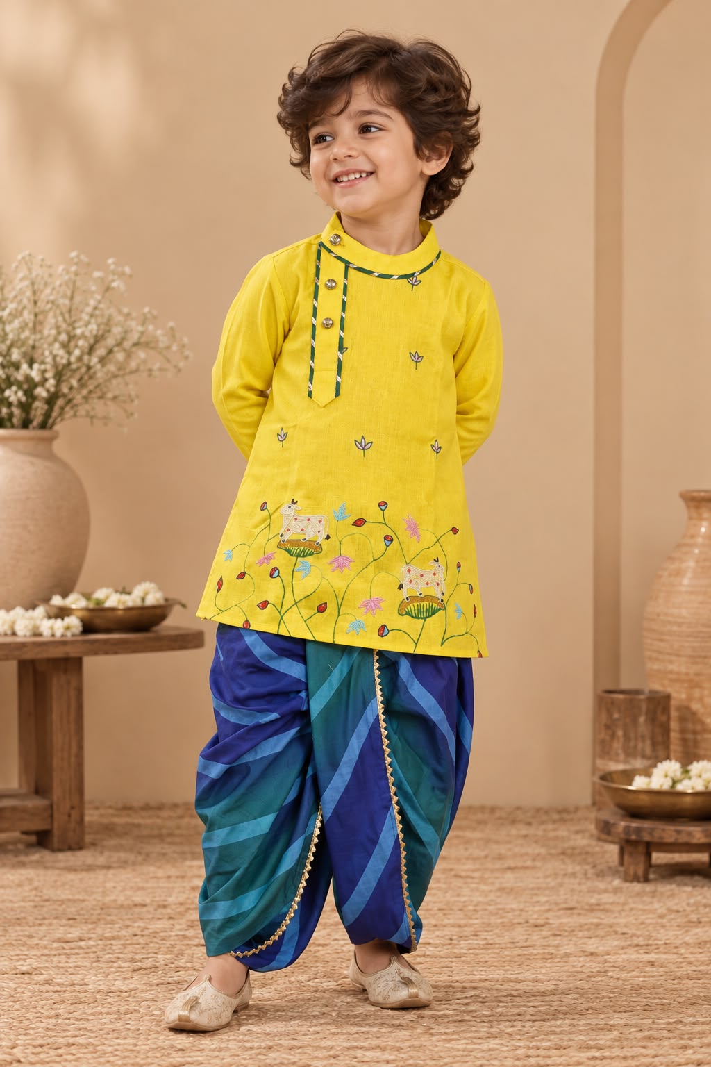 Boy Raas and Rang Dhoti Kurta Set- Yellow