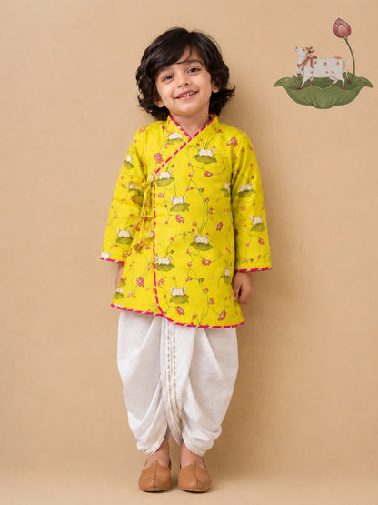 Pichwai Angarkha Kurta Dhoti Set -Lemon Yellow