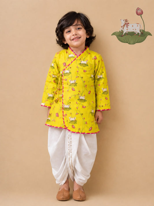 Pichwai Angarkha Kurta Dhoti Set -Lemon Yellow