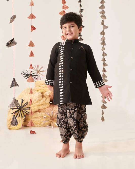 Boy Floral Dhoti Kurta Set-Black