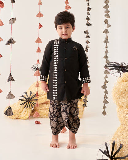 Boy Floral Dhoti Kurta Set-Black