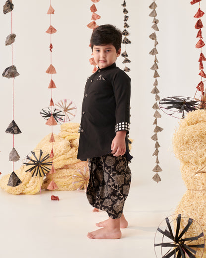 Boy Floral Dhoti Kurta Set-Black