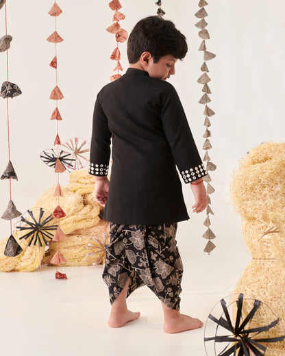 Boy Floral Dhoti Kurta Set-Black