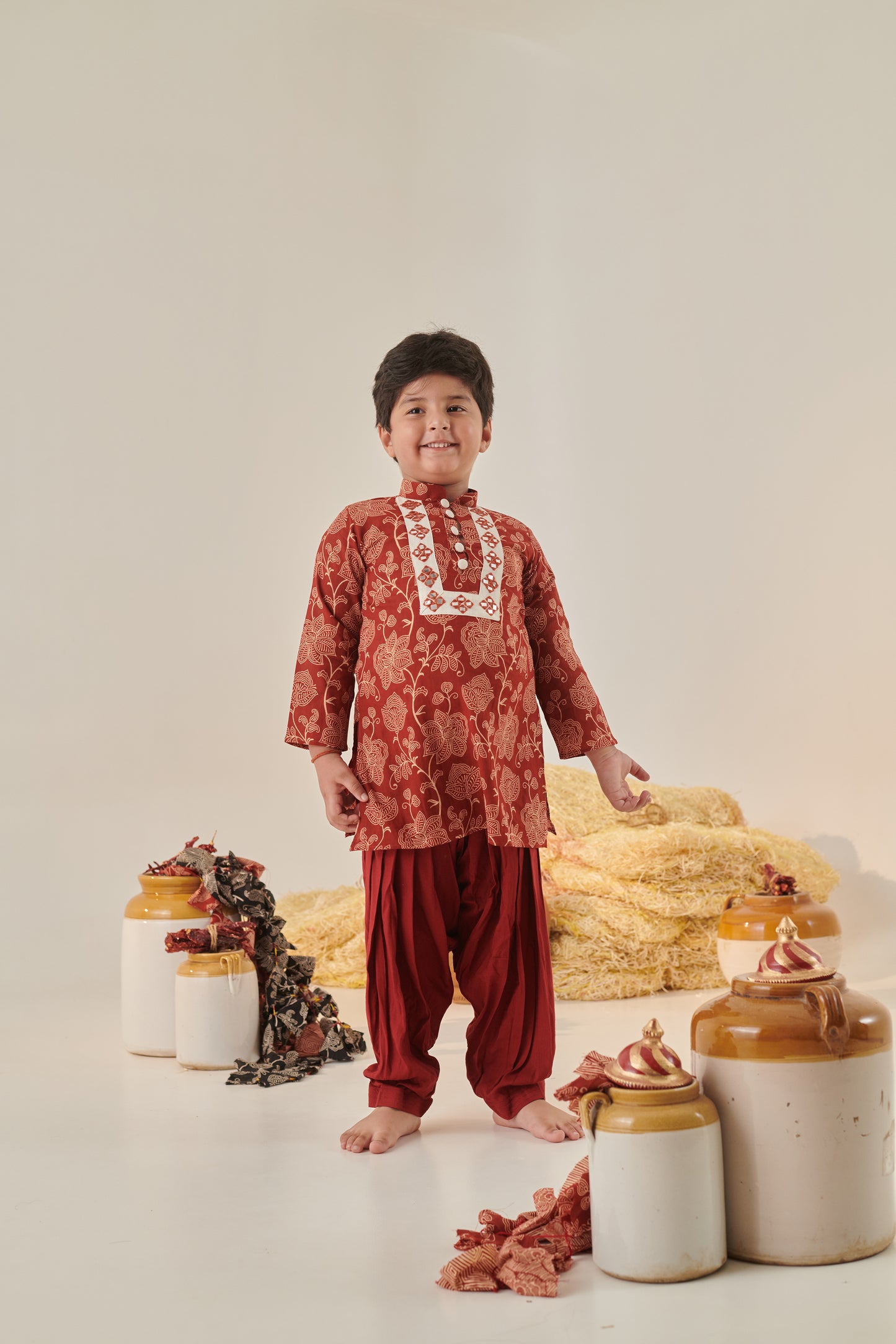 Boy Floral Kurta Set - Maroon