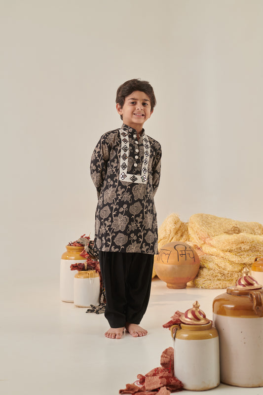 Boy Floral Kurta Set - Black