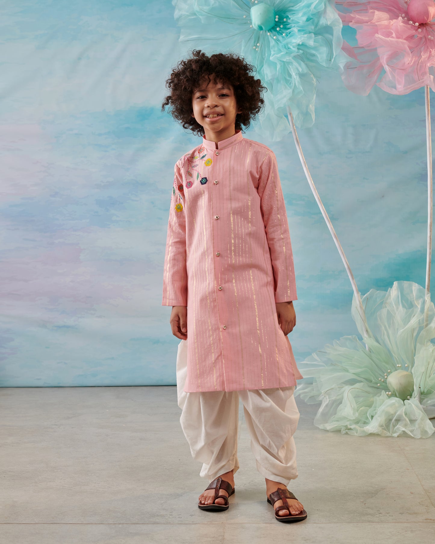 Boy Embroidered Kurta Set-Pink