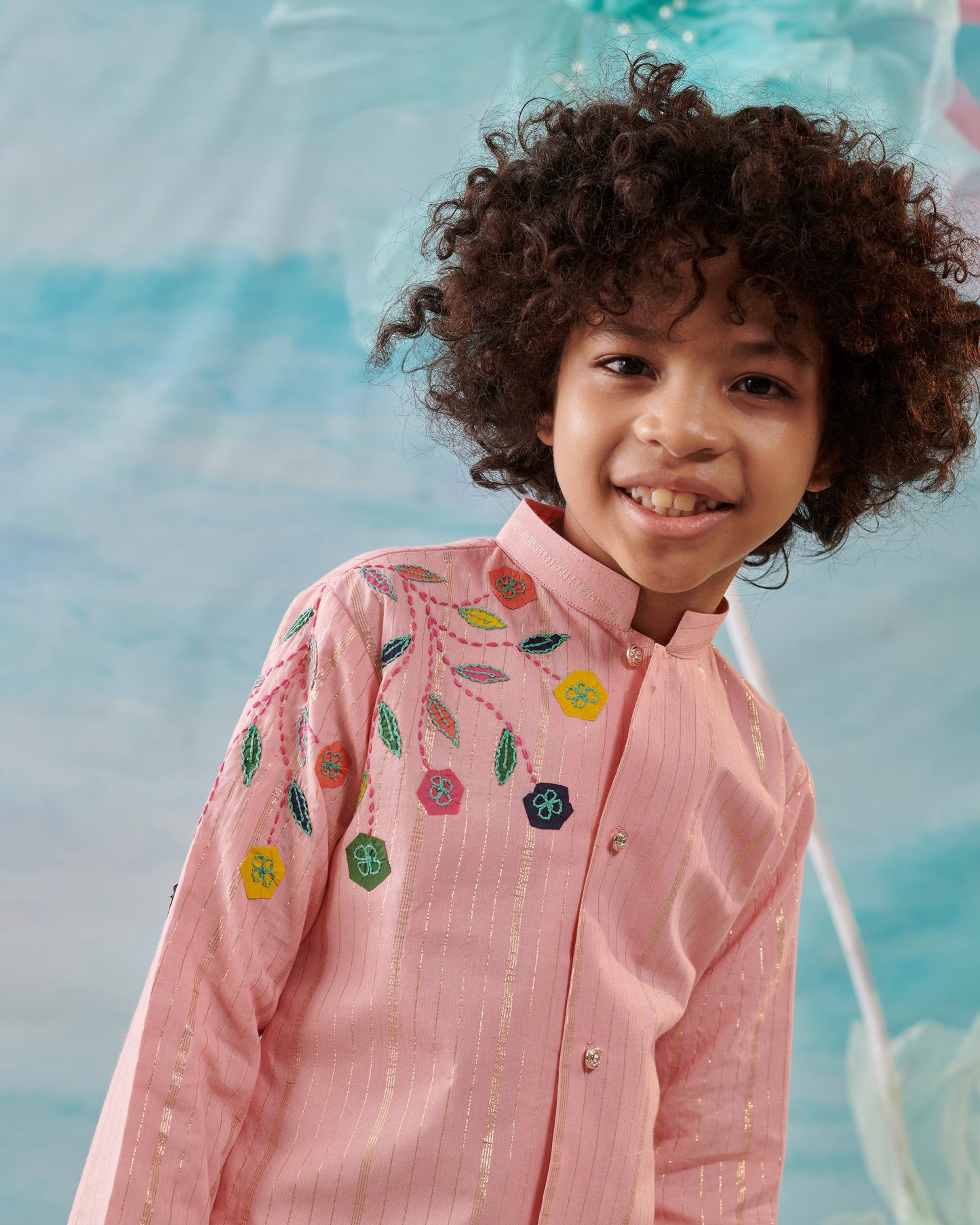 Boy Embroidered Kurta Set-Pink