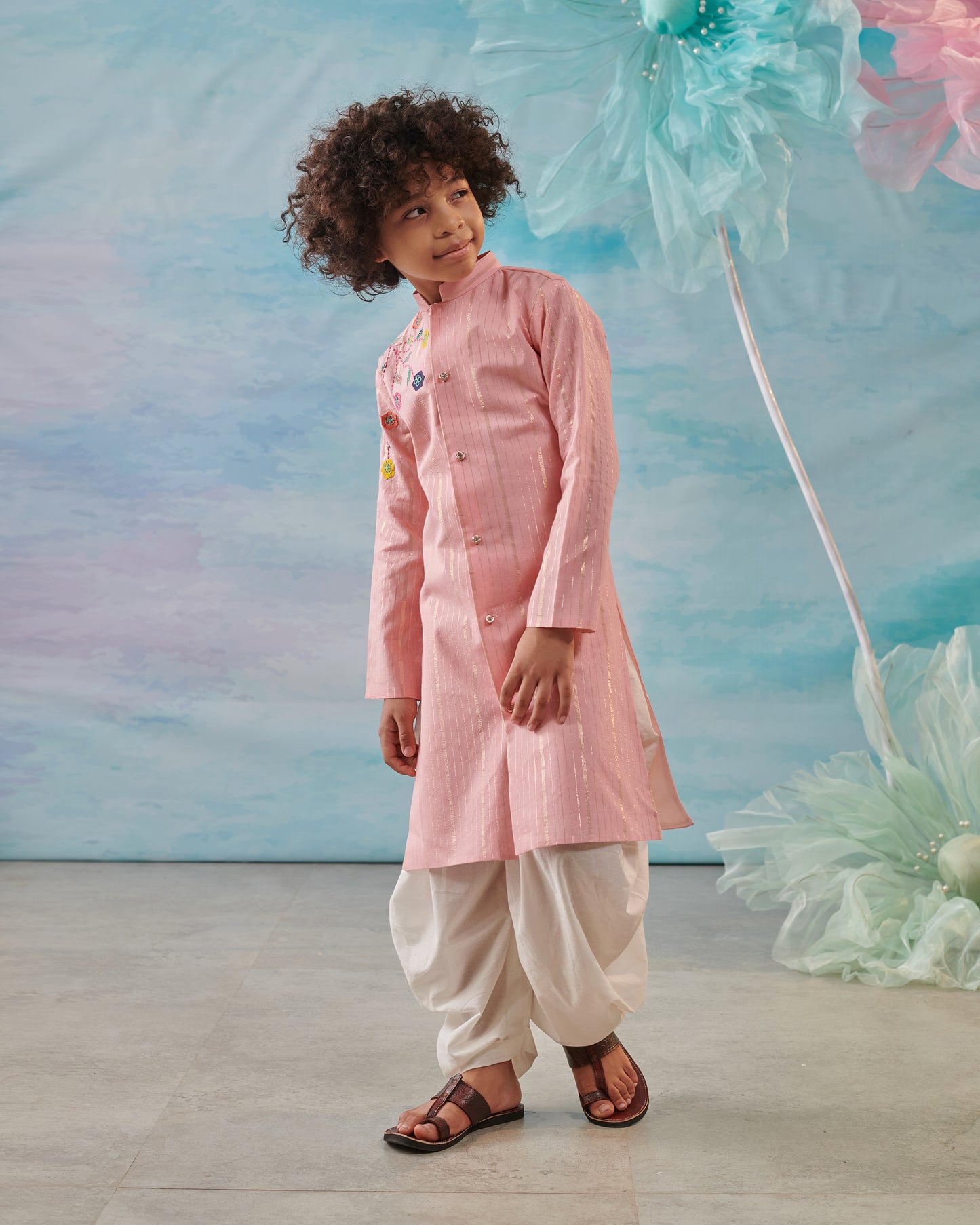 Boy Embroidered Kurta Set-Pink