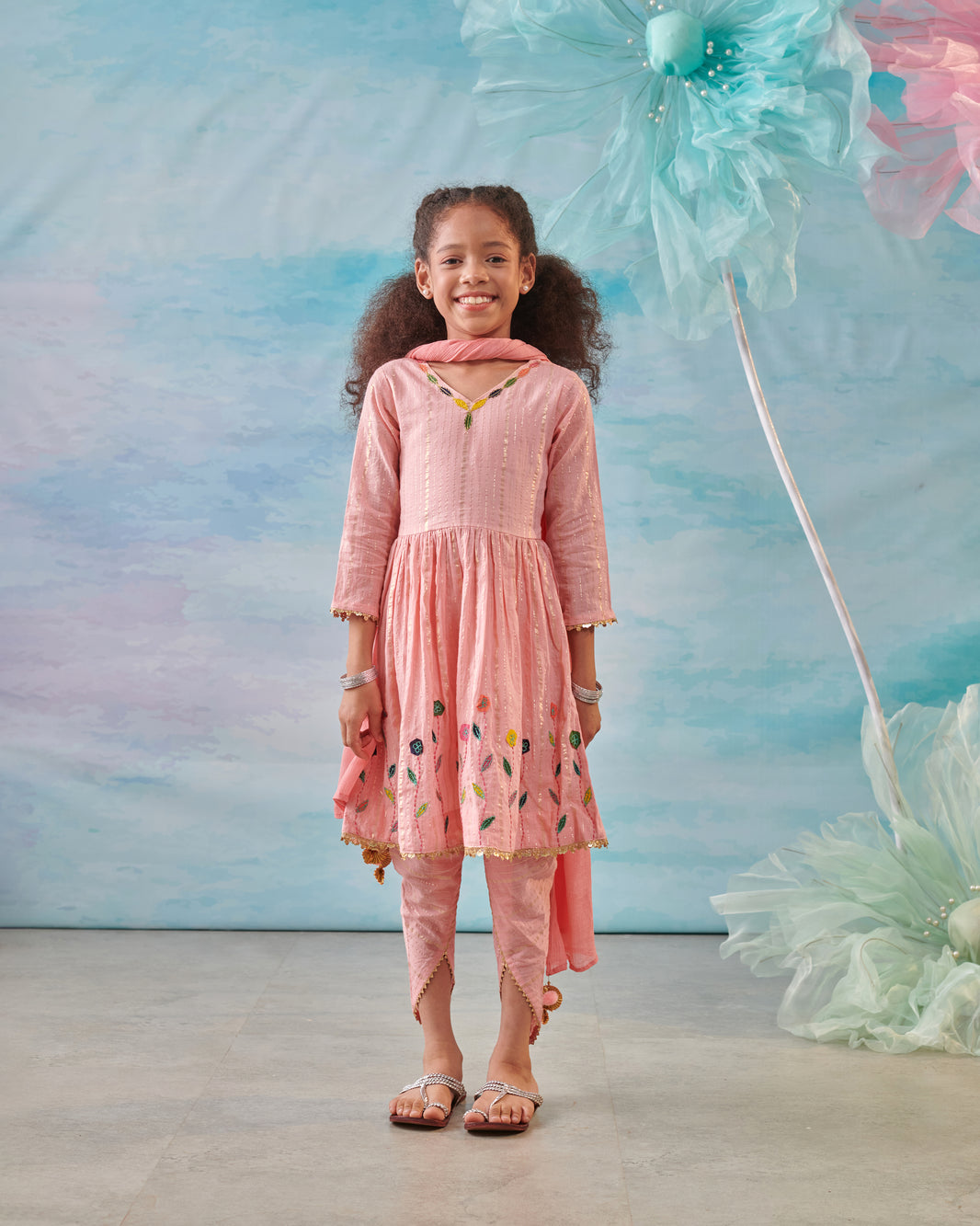 Girls Pink Embroidered Traditional Kurti with Shorts Summer Festive Outfit Set main image 1