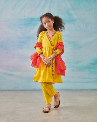 Girl Embroidered 3 Pc Set-Pink Yellow