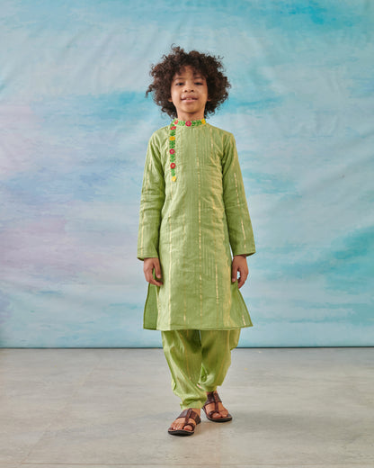 Boy Embroidered Kurta Salwar Set- Sap Green