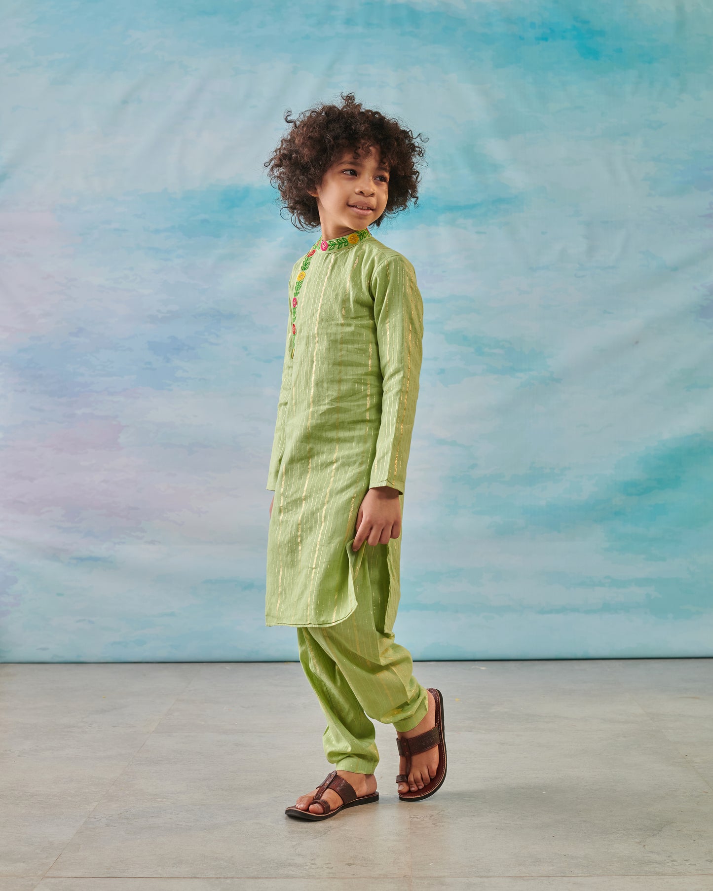 Boy Embroidered Kurta Salwar Set- Sap Green