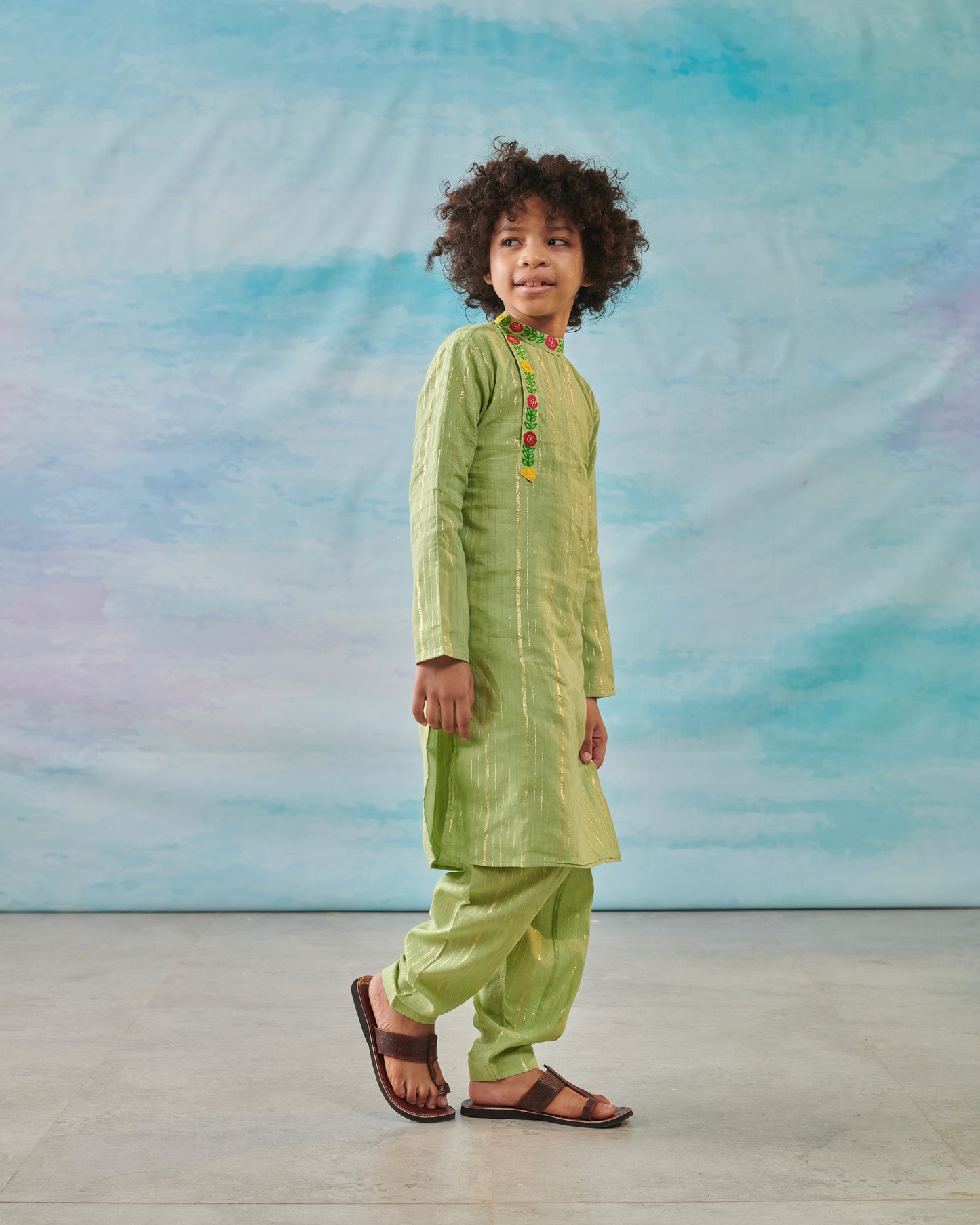 Boy Embroidered Kurta Salwar Set- Sap Green